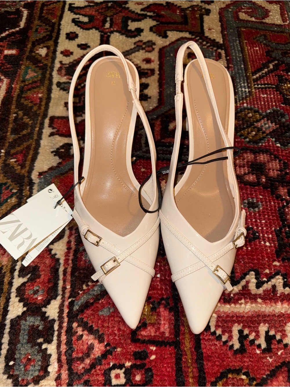 Zara Cream Pointed Slingback Heels with Gold Buckles